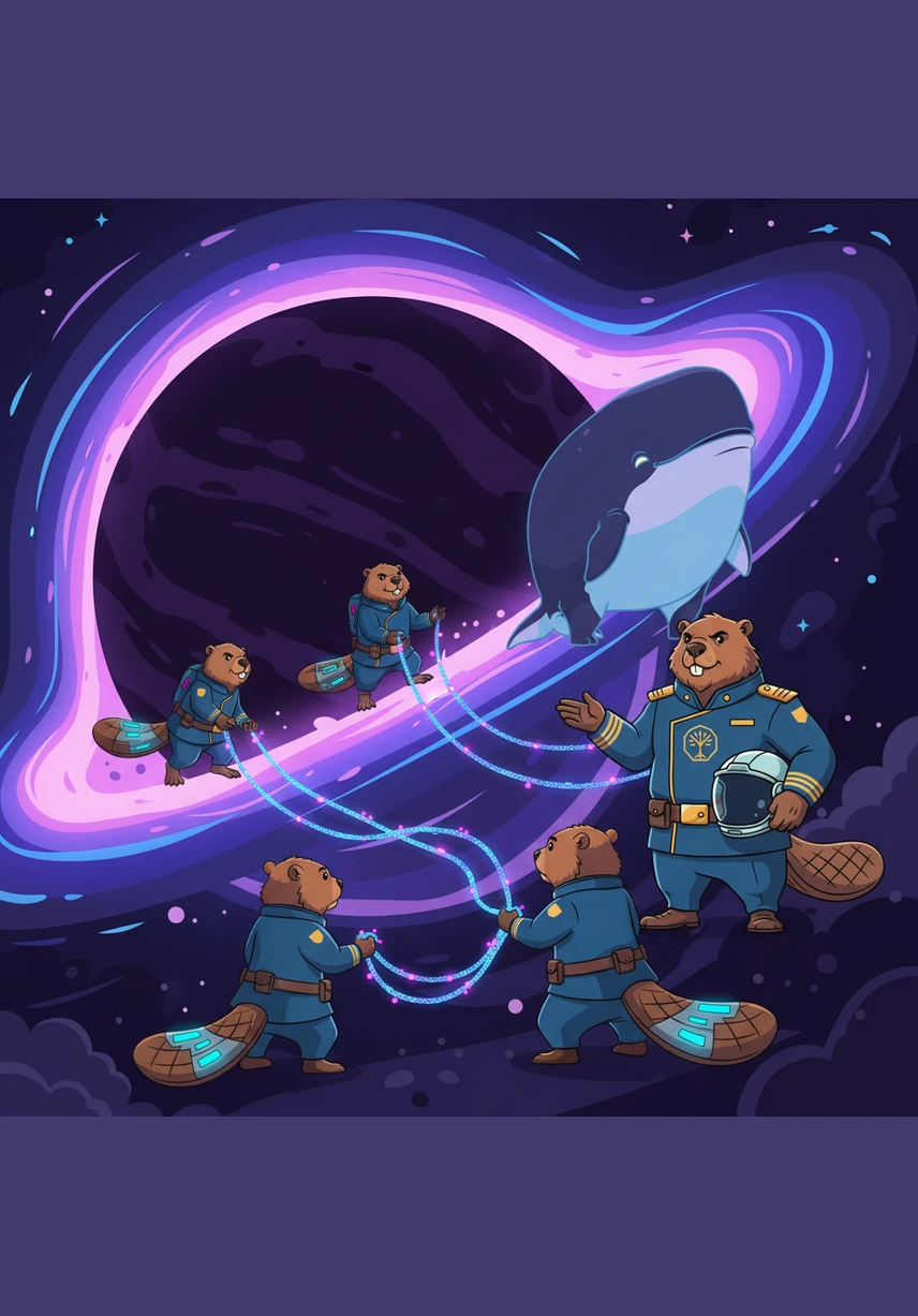 Near the edge of a swirling black hole, the crew observes the way gravity pulls at the fabric of space like invisible threads. They carefully capture these gravity strings using their tails, which have been upgraded with cybernetic sensors. This powerful force will act as the indestructible mortar for their great dam.