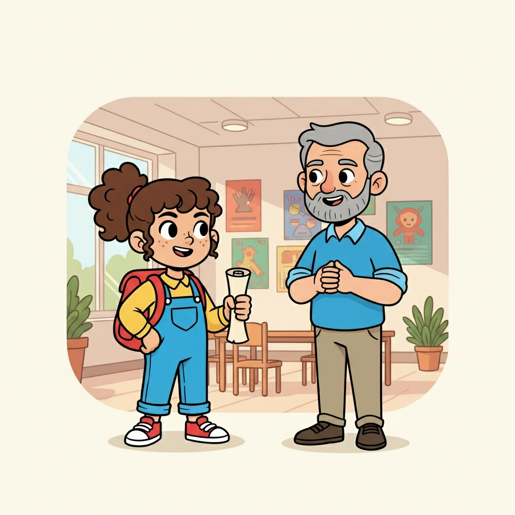 Inside the community center, Maya approached the supervisor, Mr. Davis. She made eye contact and said, "Good morning, Mr. Davis! I'm Maya, and I'm here to volunteer." Mr. Davis smiled, pleased with her polite greeting and enthusiasm.