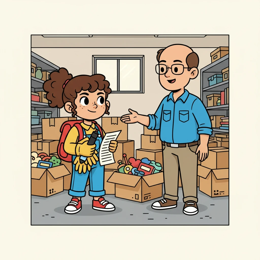 Mr. Davis led Maya to a storage room. "Today, you'll be helping organize the donation boxes," he explained. He pointed to the boxes, and Maya gathered the necessary supplies: gloves, labels, and a marker. She made sure she had everything she needed.
