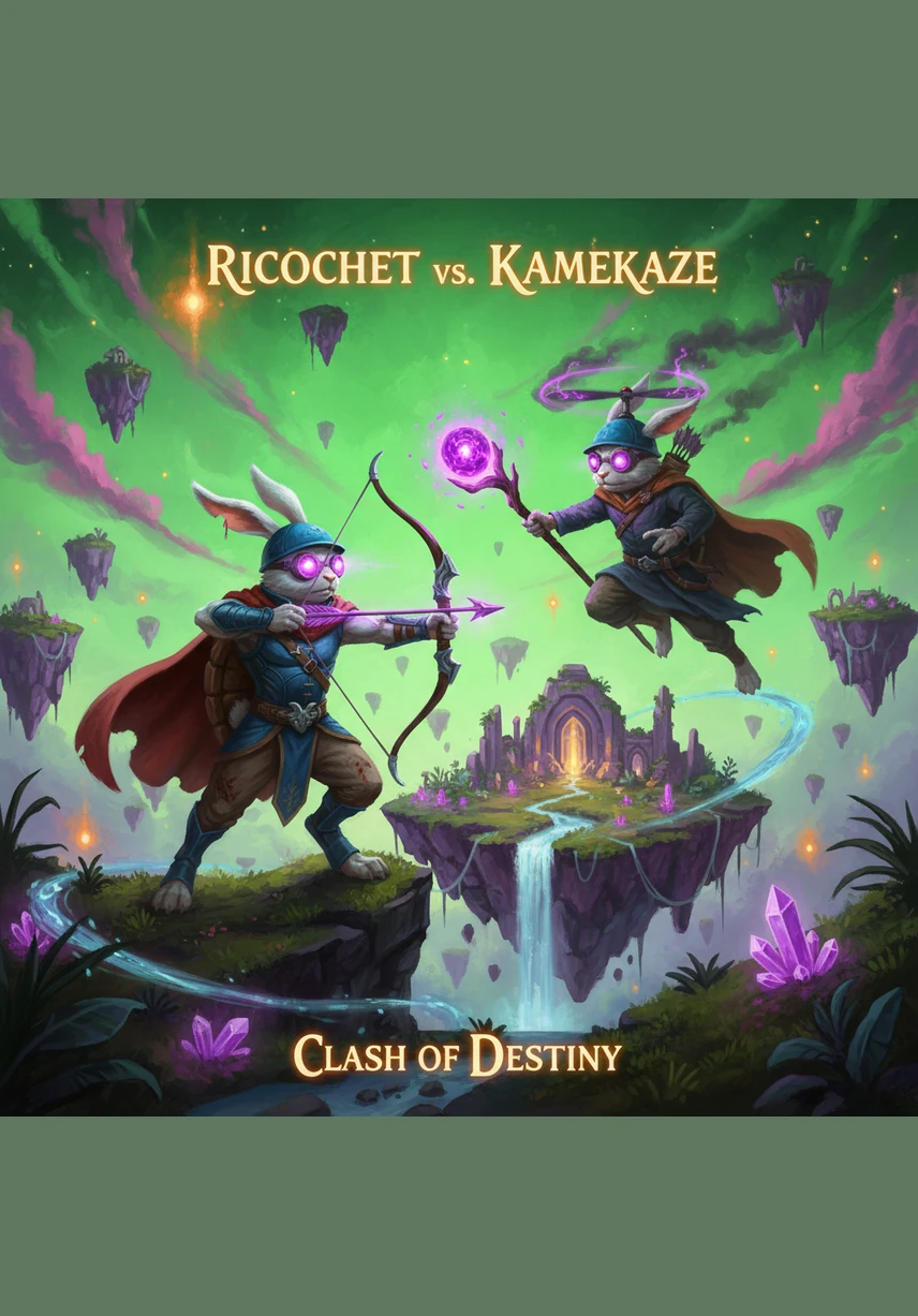 In a galaxy filled with floating purple islands and a neon green sky, a lime-green turtle named Shelly crosses a bright pink finish line. Her red goggles are perched on her head, and her blue propeller hat spins with joy while a white rabbit in an orange tracksuit watches in total disbelief.