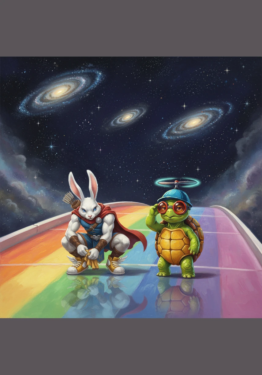 At the edge of a translucent rainbow bridge over a sparkling void, Ricochet the rabbit stretches his long ears and buffs his golden winged sneakers. Beside him, Shelly calmly adjusts her oversized red goggles and checks the strap on her blue propeller hat, ready for a race across three galaxies.