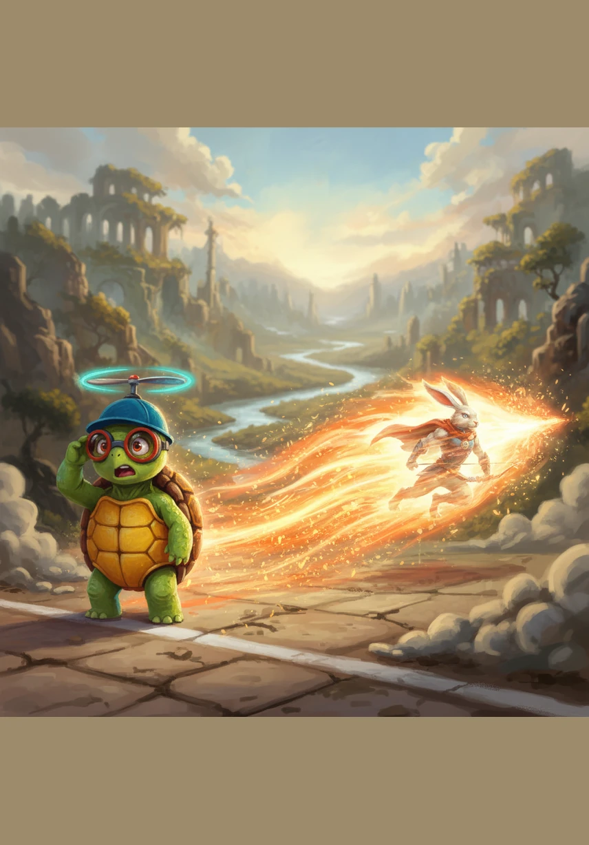 With a thunderous boom, Ricochet transforms into a blur of orange and white light, leaving a trail of sparks behind him. Shelly remains at the starting line, her little propeller hat spinning slowly as she watches her opponent disappear toward the distant horizon.
