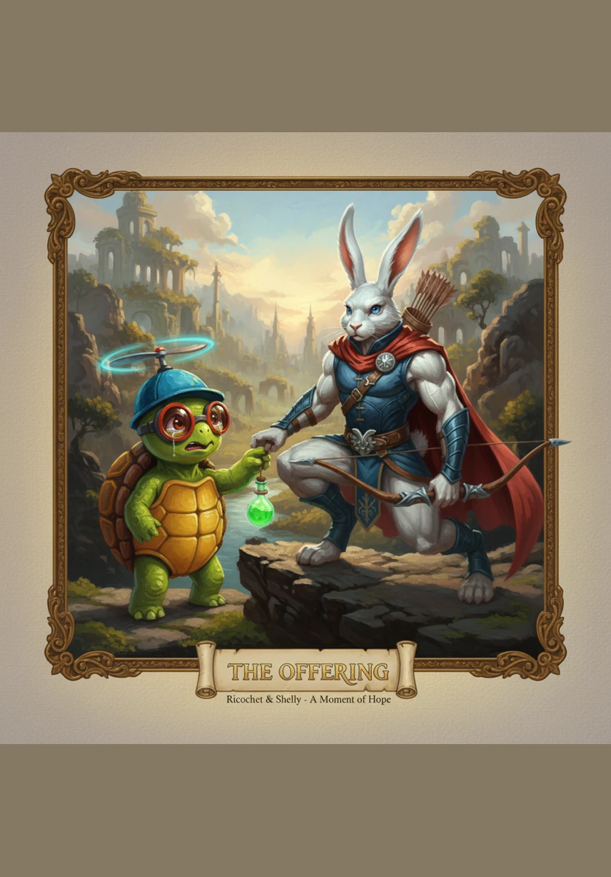 Shelly reaches into her yellow hexagonal shell and pulls out a glowing, pixelated remote control that hums with cosmic energy. As she presses a button, her blue propeller hat begins to glow a brilliant neon blue, and the air around her starts to ripple like water.