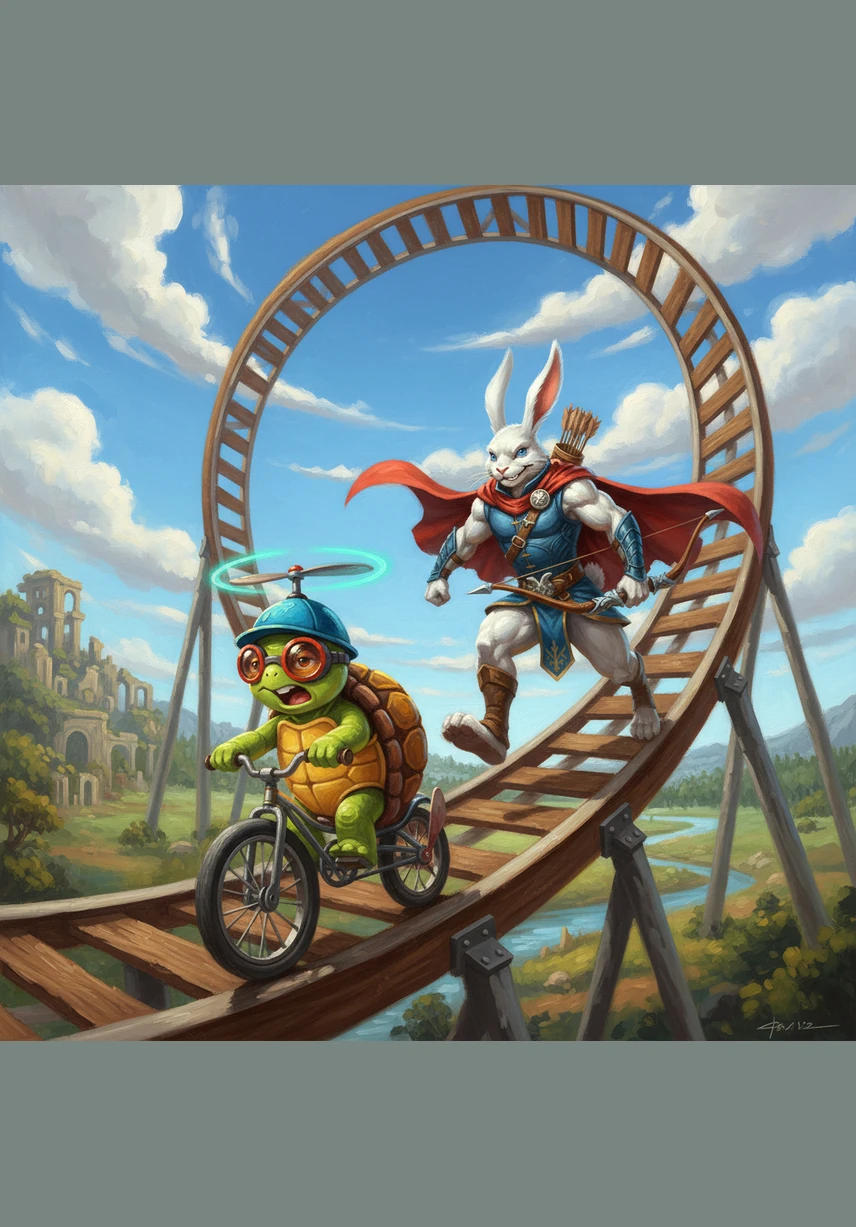 Ricochet sprints through a giant loop-de-loop made of massive floating donuts, confident in his lead. Suddenly, a swirling wormhole opens right beside him, and Shelly emerges riding a sleek, rocket-powered skateboard, waving as she glides through the sugary obstacles.