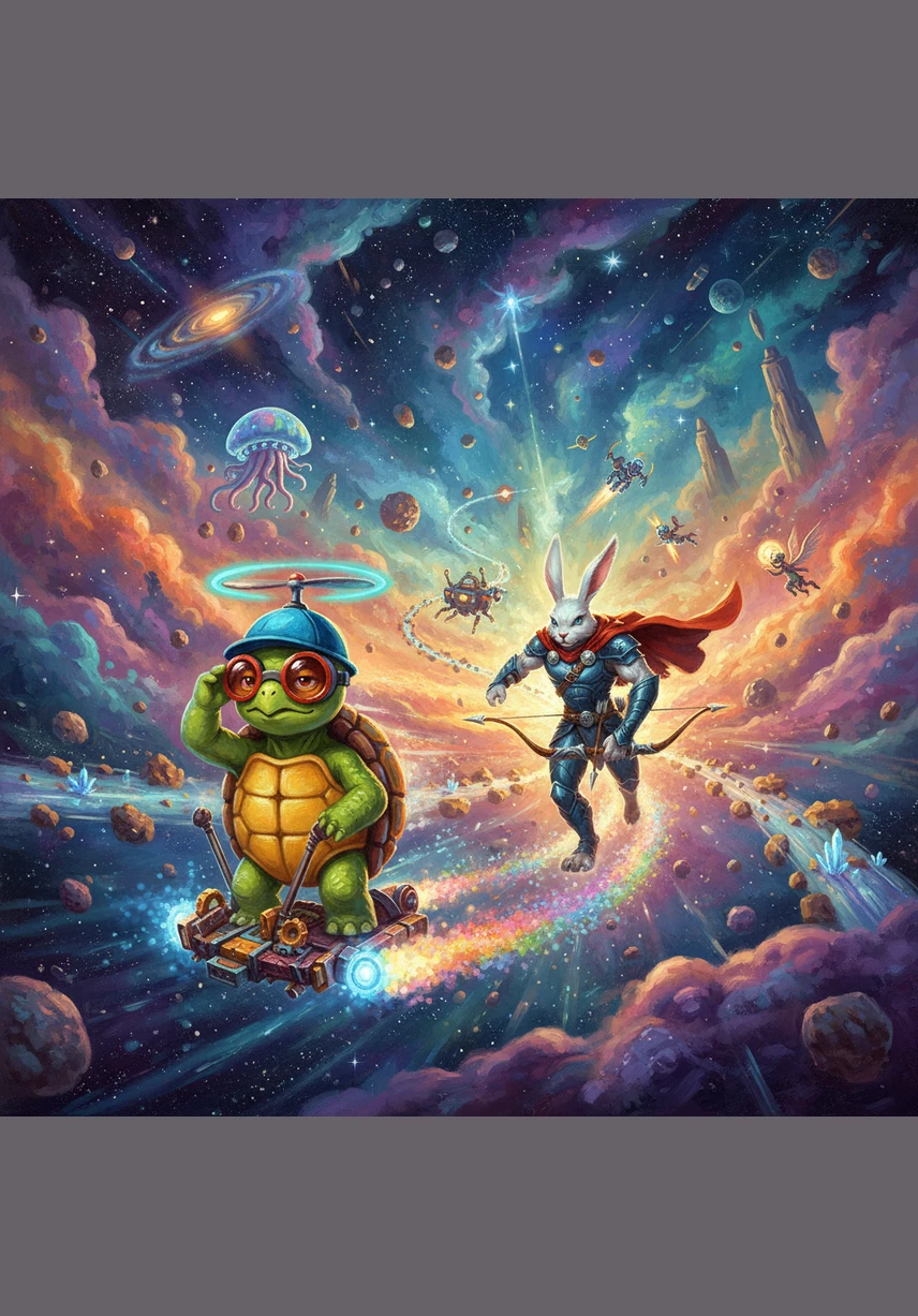 The race intensifies as Shelly zooms past Ricochet, who is panting heavily while his long white ears flap wildly in the cosmic wind. Shelly explains that in an impossible race across the stars, the traditional laws of physics are merely suggestions rather than rules.