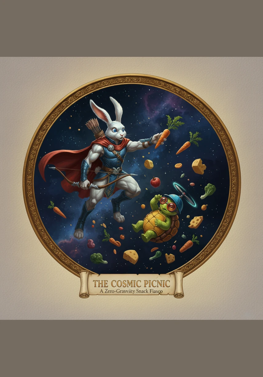 Ricochet loses his footing and trips over a giant, squishy floating marshmallow, flailing his arms in the zero-gravity environment. Shelly glides gracefully overhead on her rocket-skateboard, leaving a shimmering vortex of sparkles that makes the rabbit grumble about his luck.