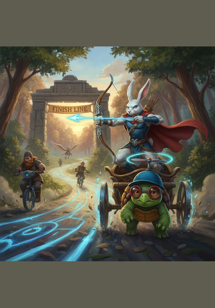 As they approach the end of the rainbow track, the stars themselves seem to bend and warp around the two racers. Shelly keeps her eyes locked on the goal, her red goggles reflecting the vibrant colors of the nebula as she prepares for the final stretch.