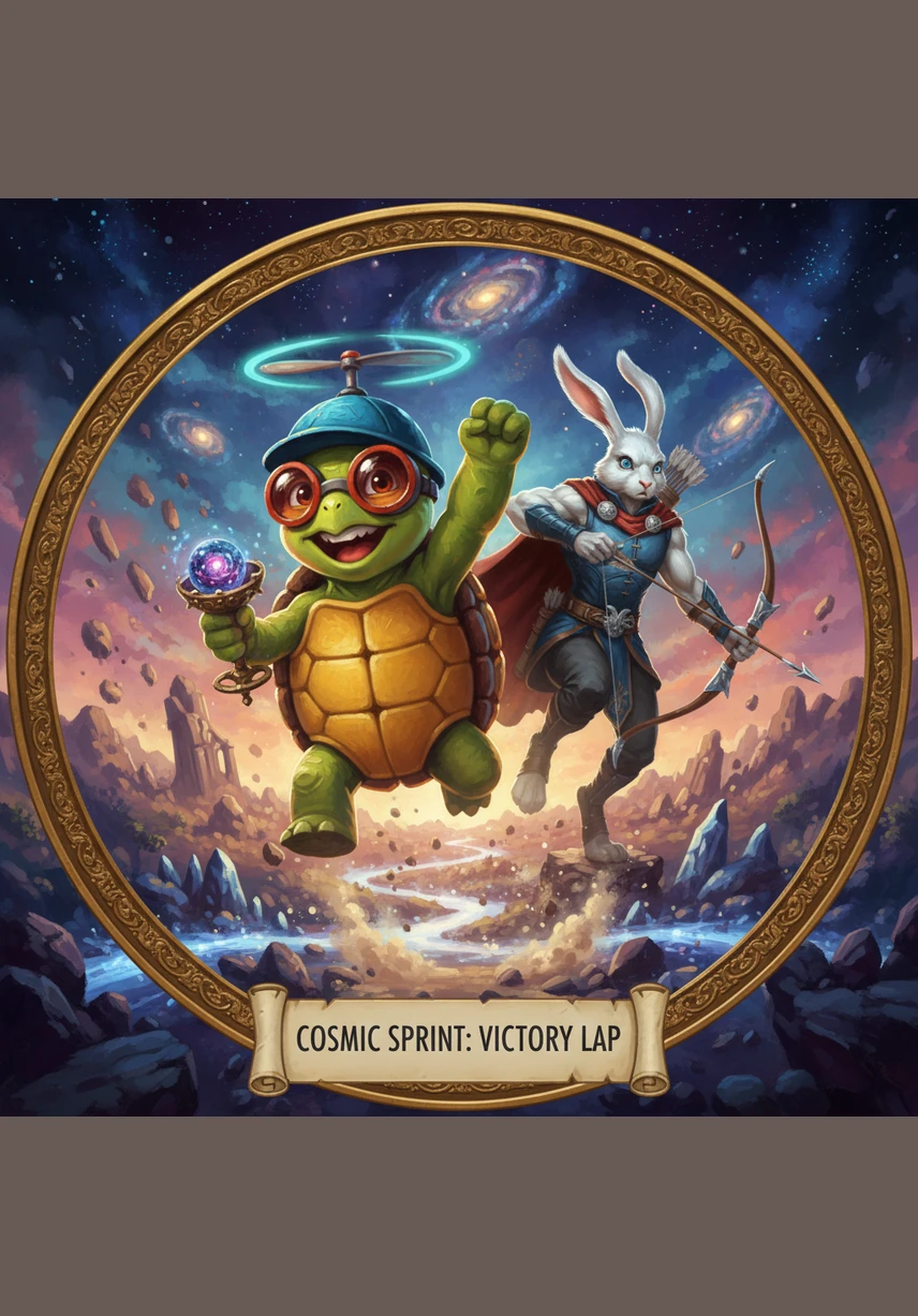 With a triumphant leap, Shelly crosses the neon-pink finish line, her blue propeller hat flying off in celebration. Ricochet tumbles out of the sky and lands face-first in a soft pile of glowing space-dust, his golden sneakers smoking from the friction.