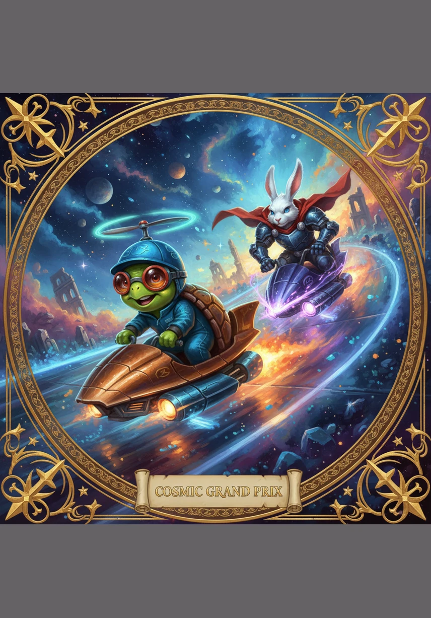 Shelly pushes up her goggles and smiles at the exhausted rabbit, who is still trying to figure out how he lost. She explains that the secret was in the manual: the cosmic track moves backward if you go too fast, making her clever shortcuts the only way to win.