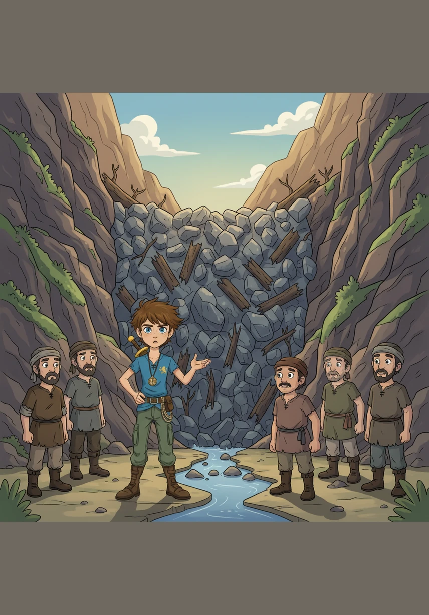 High up in the mountains, Leo discovered that a massive rockslide had completely blocked the narrow canyon where the water flowed. A giant wall of stones and fallen trees stood in the way of the village's survival.