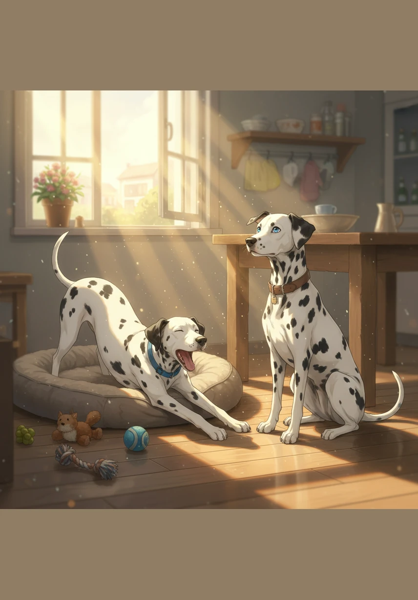 Bobby and Matrix wake up in their sun-drenched kitchen, surrounded by their favorite toys. While Bobby stretches lazily, Matrix’s ears perk up at the sounds of the neighborhood, his eyes wide with the thrill of a new day.