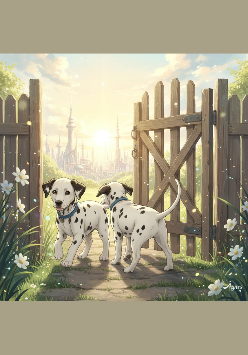 The garden gate stands slightly open, a shimmering invitation to the world beyond. With a synchronized nudge and a frantic wiggle, the two brothers squeeze through the narrow gap, leaving their yard behind.