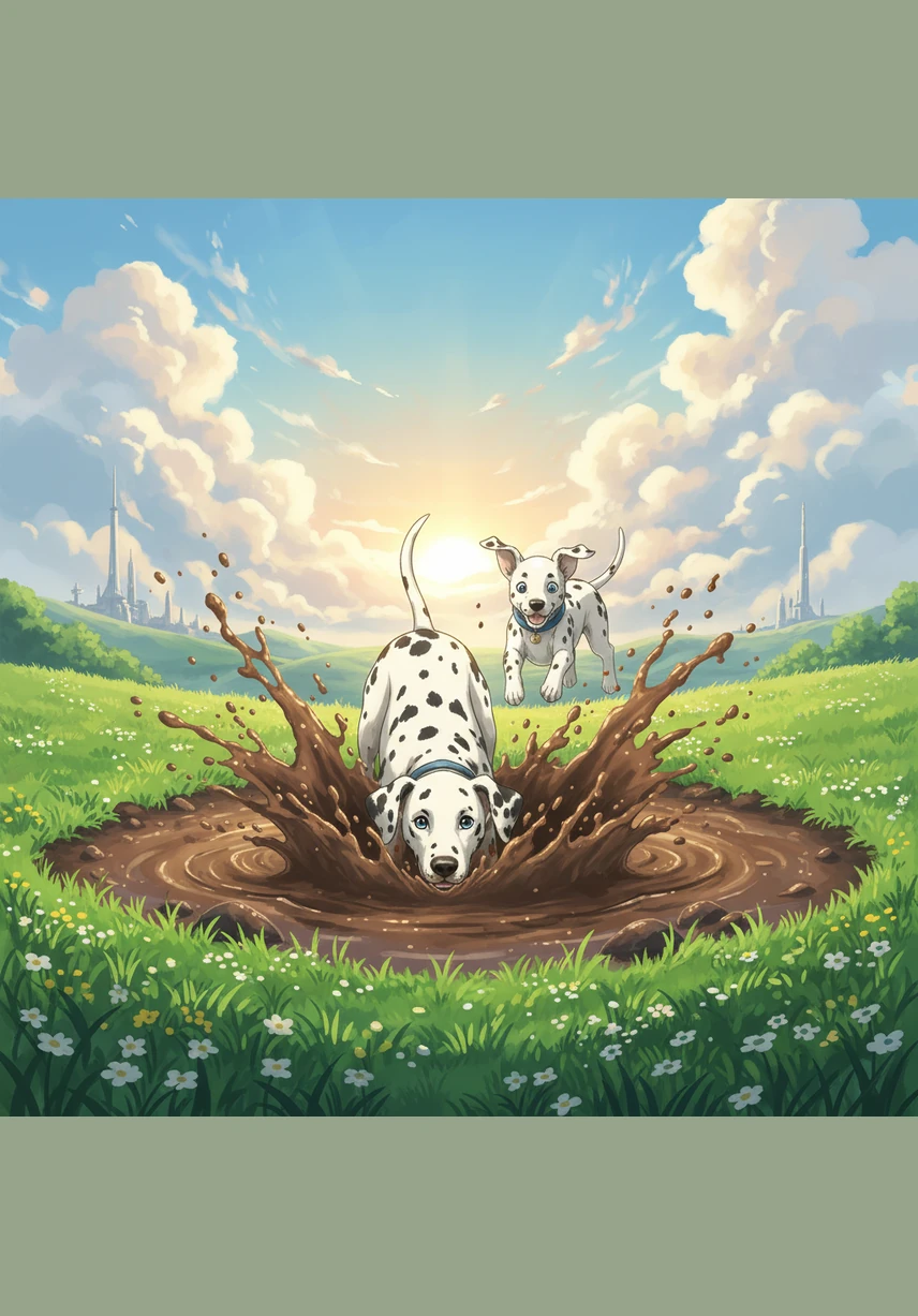 In the center of a green field, they find a glorious, squishy puddle of deep brown mud. Matrix dives in headfirst with a massive splash, and Bobby soon follows, unable to resist the cool, gooey fun.