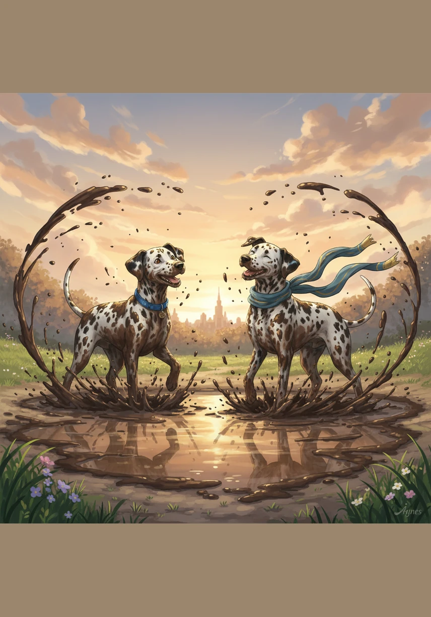 No longer black and white, the brothers emerge from the puddle looking like chocolate-covered explorers. They shake themselves dry, sending droplets of mud flying in every direction as they celebrate their new, messy disguises.