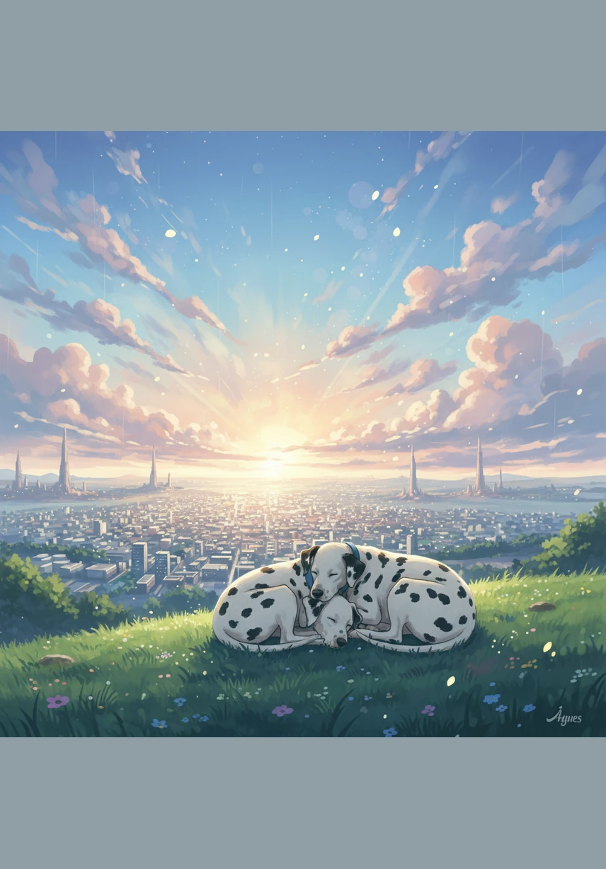 After a long bath and a hearty dinner, the two tired twins curl up together in their cozy basket. They drift into a deep sleep, dreaming of green fields and the many spotty adventures that await them tomorrow.