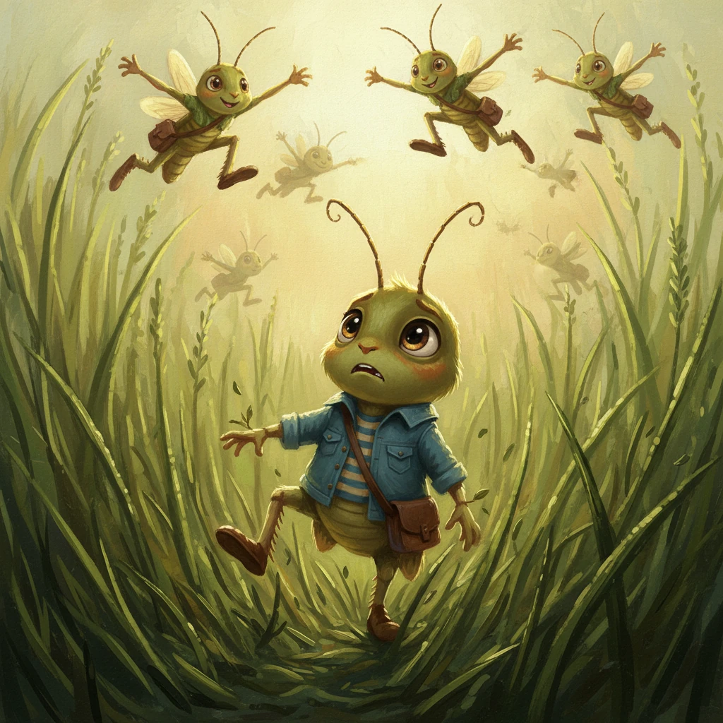 Flicker, a small grasshopper, felt a flutter of worry in his tiny heart. All the other young grasshoppers in his family could leap high and far, their long legs springing them into the air with joyful ease. But Flicker, try as he might, could only manage small, clumsy hops, often tumbling back into the tall, green blades of grass. He longed to join their soaring games, feeling like a tiny pebble among bouncing rubber balls.