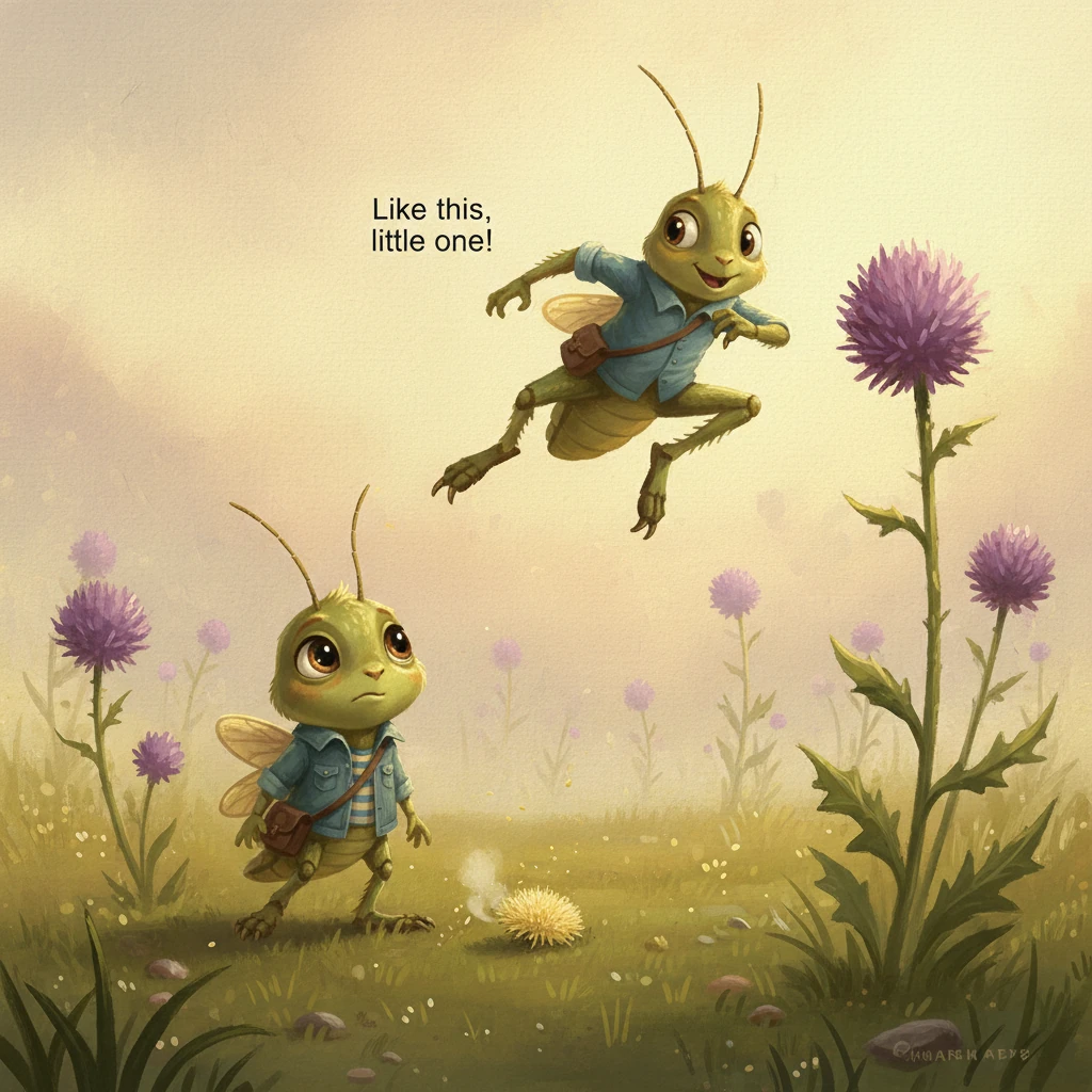 His father, a mighty jumper named Hopper, would patiently demonstrate, his powerful legs coiling and releasing with perfect grace. "Like this, little one!" he'd chirp, launching himself onto a distant thistle. Flicker would gather all his strength, push off, and inevitably land just a few inches away, a puff of pollen his only reward. A shadow of disappointment would often cross his father's kind face, which Flicker noticed keenly.