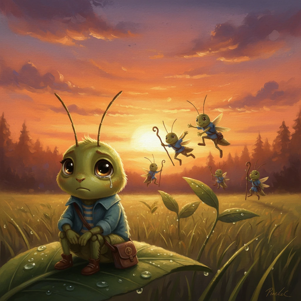 One evening, as the sun dipped low, painting the meadow in fiery oranges and soft purples, Flicker sat alone. He watched his family playing a spirited game of leapfrog across the dew-kissed leaves. A heavy sigh escaped him, a sound almost too small to hear, as he wished he could be like them, part of their joyful, sky-bound world. The beauty of the sunset felt bittersweet, mirroring his quiet sadness.