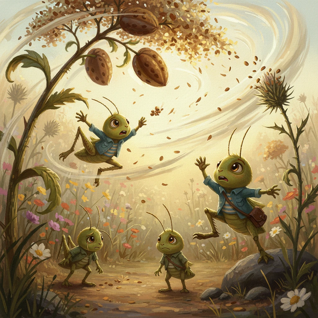 One morning, a fierce gust of wind swept through the meadow, tearing the precious seed pods from the Elder Blossom, their favourite food source. The tiny seeds, vital for the colony, scattered far and wide, some landing in unreachable crevices and high branches. The elder grasshoppers jumped and searched frantically, but many seeds were simply too far for even their greatest leaps. Panic began to ripple through the community.