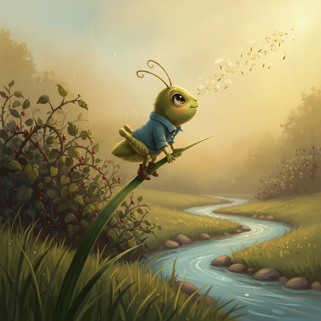 Flicker, perched on a blade of grass, saw the shimmering trail of seeds carried by the wind, high above where any grasshopper could jump. His keen eyes followed them as they drifted towards the thorny brambles and across the winding stream. A spark of an idea, a brave and hopeful thought, began to flicker within him, igniting a newfound purpose. Could his secret talent be useful now?