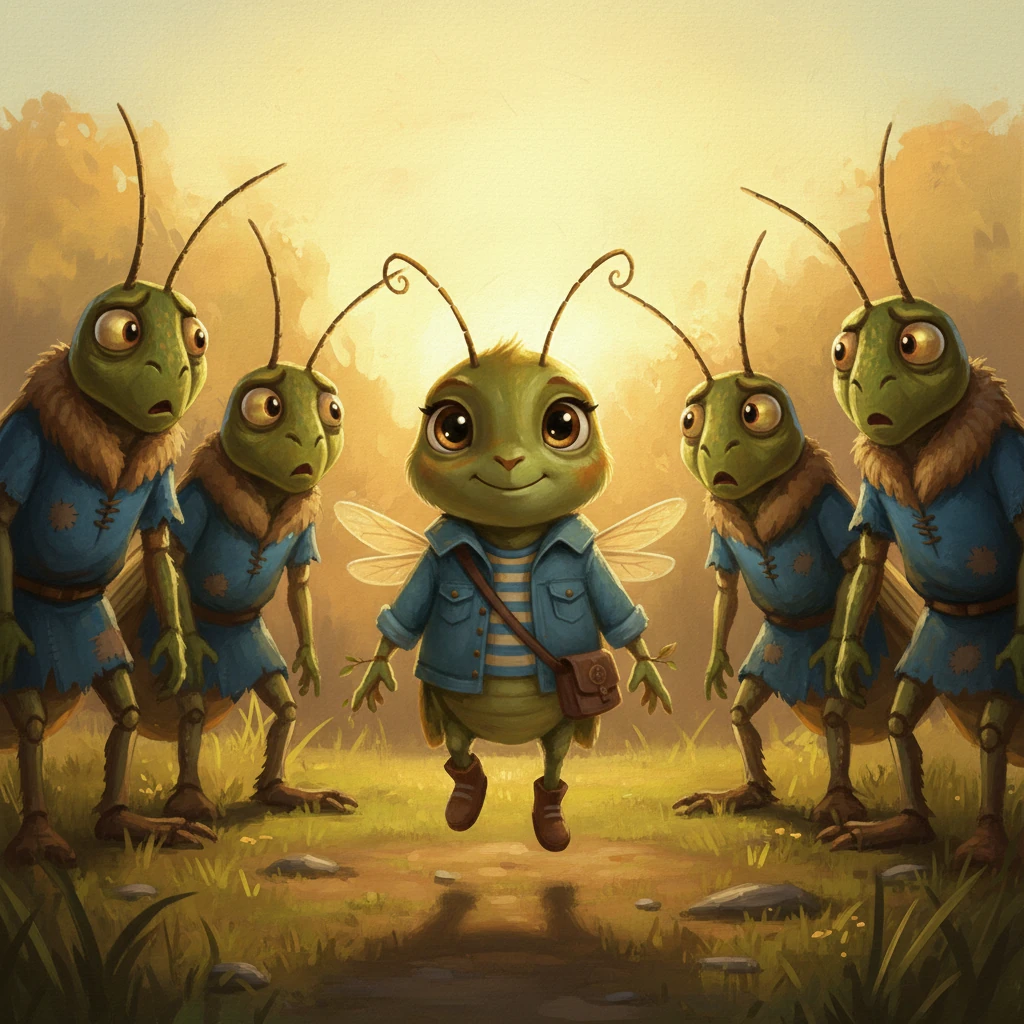 Taking a deep breath, Flicker hopped forward, surprising the anxious crowd. "I can reach them!" he chirped, his voice small but firm. The elder grasshoppers looked down at him, confusion on their faces, remembering his clumsy hops. But Flicker stood tall, his tiny wings twitching with determination, ready to prove himself and help his family.