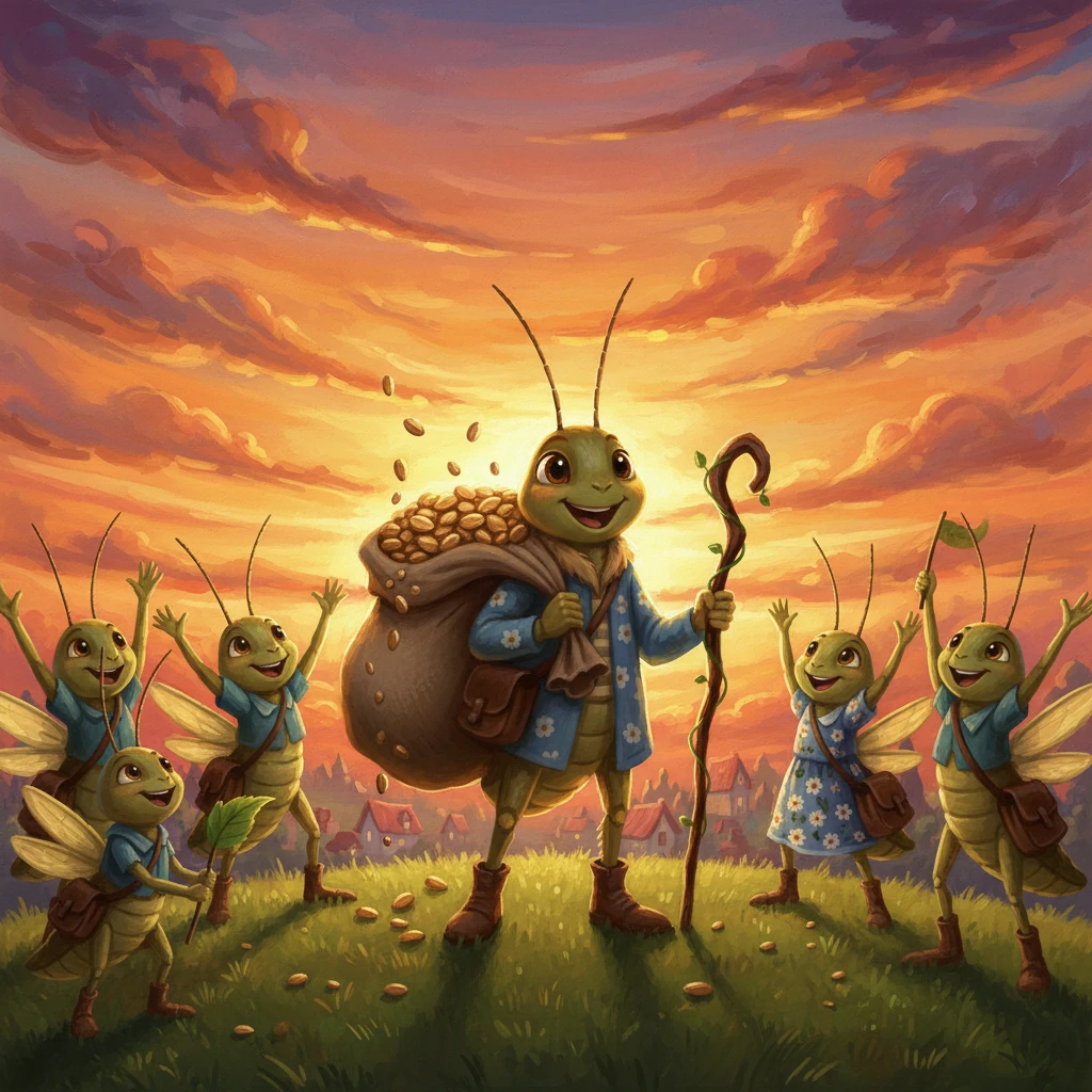 As the sun began to set, painting the sky in glorious colours once more, Flicker returned, laden with the precious seeds. His family cheered, their faces filled with relief and immense pride. Flicker, no longer just a clumsy hopper, was a hero, celebrated for his unique gift. He finally felt truly accepted, his heart brimming with the warmth of belonging.