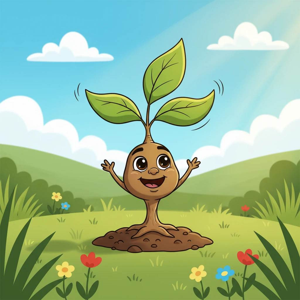 In a sun-dappled meadow, a tiny sapling named Pip wiggled with excitement. Pip was so small, barely a sprout poking out of the soft earth, but dreamed of touching the clouds. Its vibrant green leaves unfurled, eager for adventure and growth.