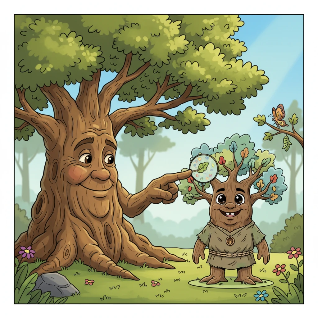 One sunny afternoon, the Old Oak's deep voice rumbled softly through the forest. It told Pip that growing slowly was a beautiful process, like watching a butterfly emerge from its chrysalis. The Oak pointed out the tiny, intricate patterns on Pip's own leaves, encouraging it to appreciate the small wonders.