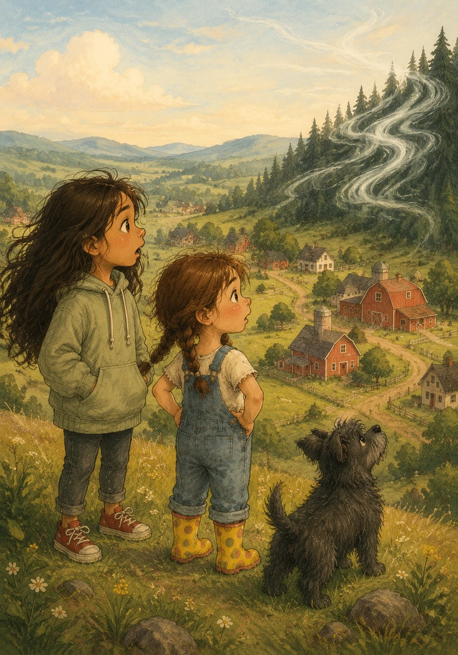 Mía, Maite, and tiny Ruffo stood on a rolling hill overlooking their cozy country town with its red barns and dirt roads. Suddenly, a strange, whistling hush drifted from the pine forest, making Ruffo’s shaggy gray ears twitch in curiosity.