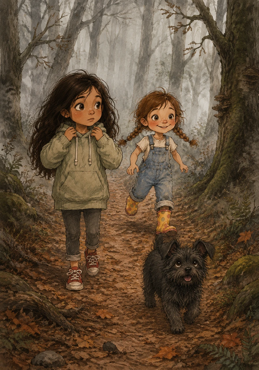 The friends followed the mysterious sound down a winding trail and into the deep, foggy woods. Mía adjusted her oversized hoodie while Maite’s colorful rain boots crunched loudly on the fallen leaves, her braids bouncing with every fearless step.