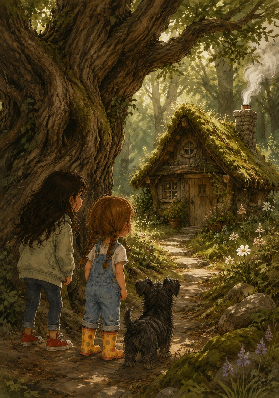 Tucked behind a giant, twisted oak tree, they discovered a tiny, mossy cabin with a chimney puffing silver smoke. The air felt magical and perfectly still, as if the forest was holding its breath and waiting for them to arrive.