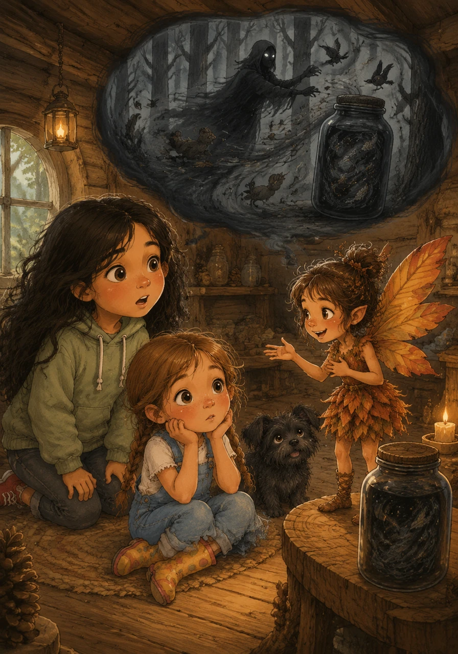 Inside the cabin, a tiny woodland sprite with wings like autumn leaves told them about the Hollow Wind. It was a shadowy force wandering through the trees, quietly stealing the chirps, rustles, and songs of the forest and keeping them in a dark jar.