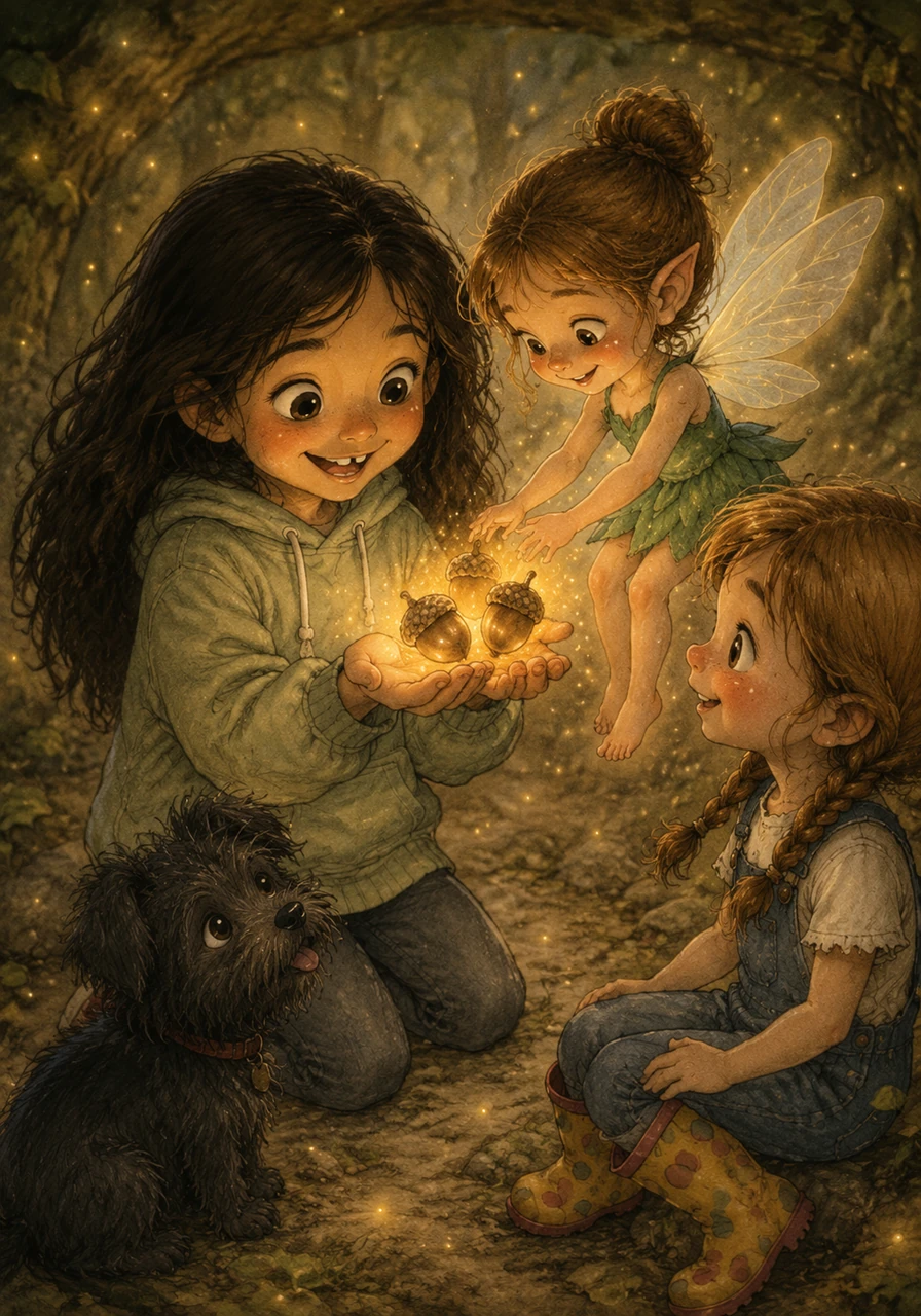 To help them on their quest, the sprite placed three glowing acorns into Mía’s hand, sparkling with the magic of bravery, kindness, and teamwork. The sprite whispered that even though they were little, they were truly small but mighty.