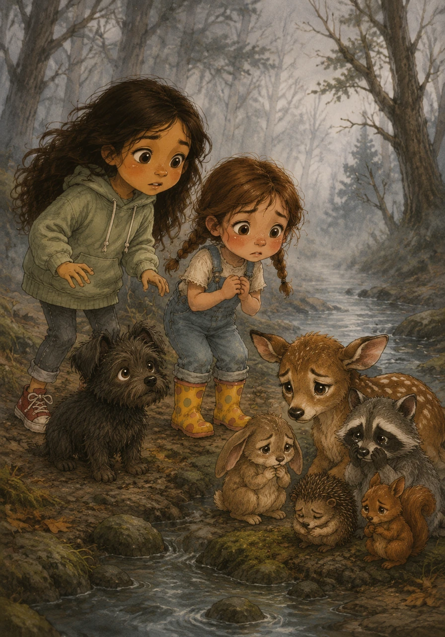 As they ventured deeper into the magical woods, the trail grew misty and the shadows grew long. They found a group of woodland animals huddling together by a creek, looking very frightened because they had lost their voices to the wind.