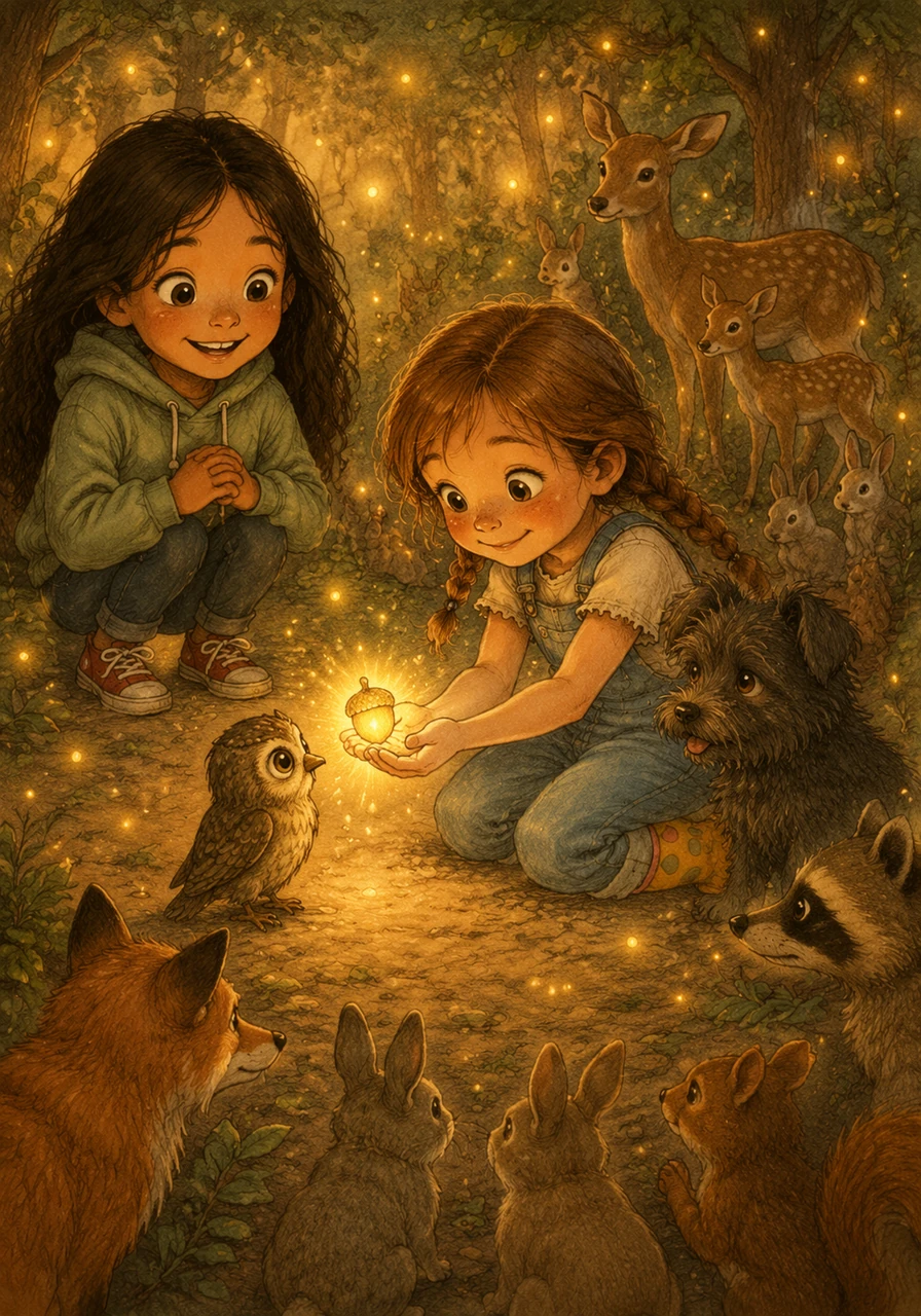 Maite knelt down in her overalls and shared the glowing light of the kindness acorn with a tiny, silent owl. A warm glow spread through the clearing, and the animals began to feel safe again in the presence of their new friends.