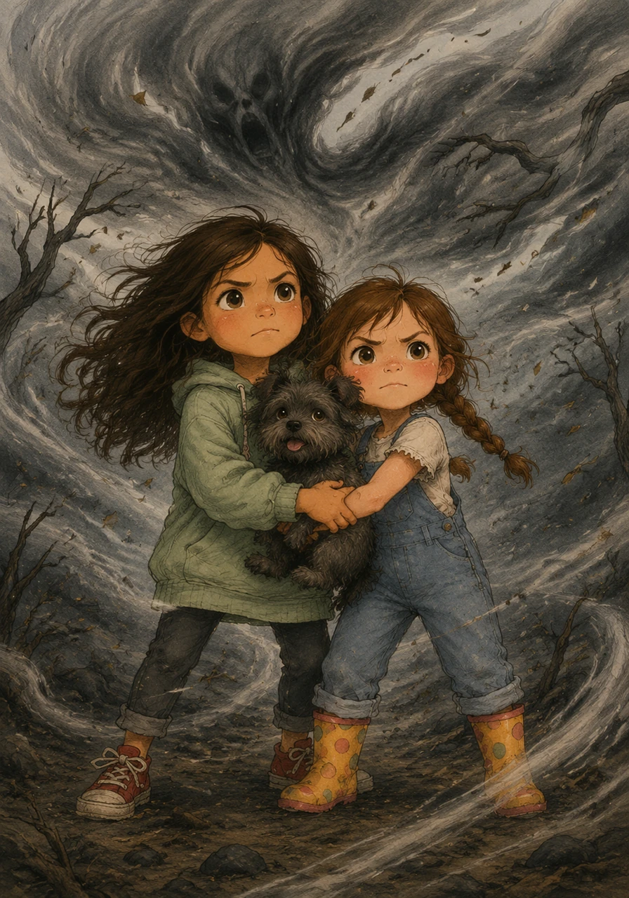 Suddenly, the Hollow Wind swirled around them like a giant, gray shadow, trying to blow away their courage with a cold chill. Mía and Maite stood tall together, holding Ruffo close as the wind howled and whistled through the dark branches.