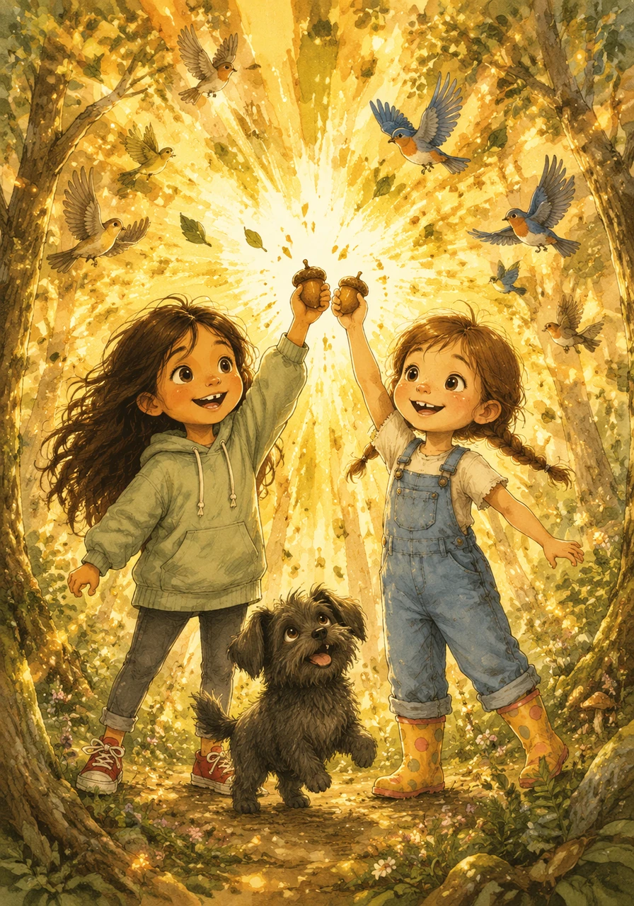 The girls grabbed each other’s hands and raised the acorns of bravery and teamwork high into the air. A burst of golden watercolor light shattered the shadow, and suddenly, the forest erupted into a beautiful symphony of birdsong and rustling leaves.