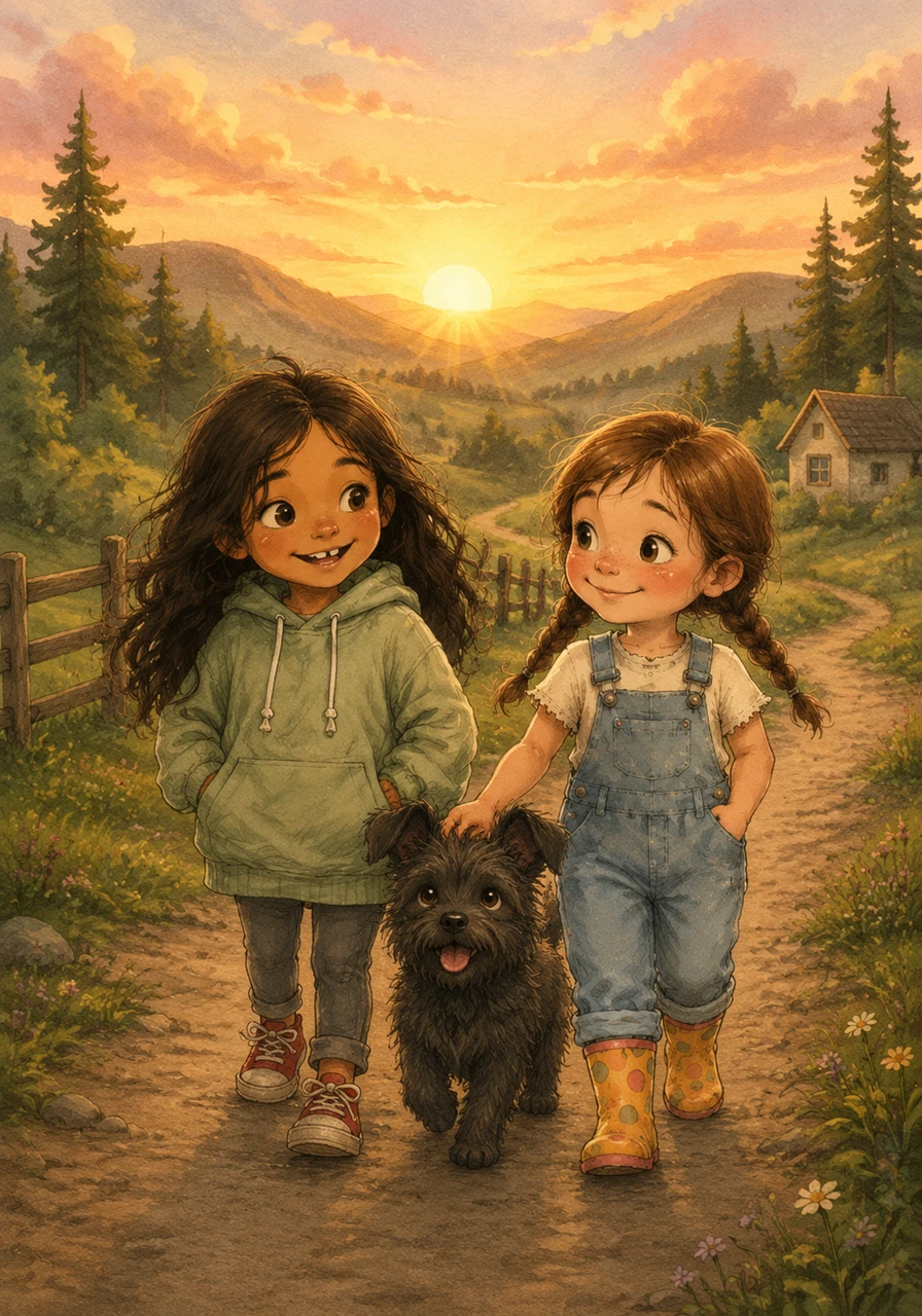 As a peaceful sunrise began to glow over the rolling hills and pine trees, the three friends walked home together. They knew that no matter how big the world seemed, they would always be a small but mighty team ready for the next adventure.
