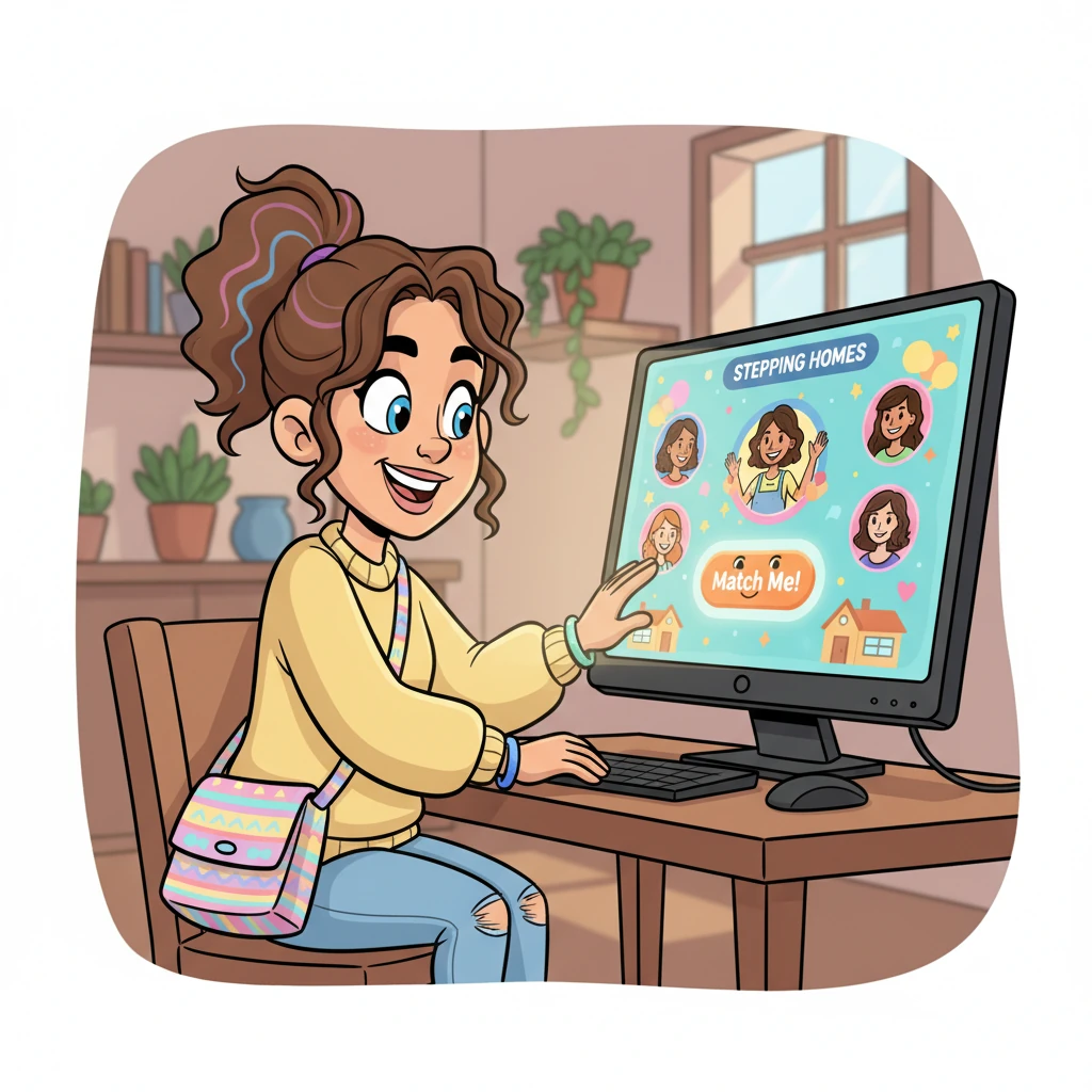 The next day, Maya explored the Stepping Homes website, which glowed with friendly colors and inviting pictures. She saw profiles of women just like her, looking for connection and a place to belong. A big, friendly 'Match Me!' button winked at her, promising a brighter future.