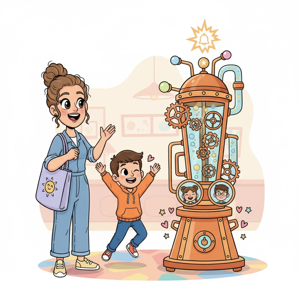 Maya filled out her preferences, sharing her hopes for a safe, supportive home with compatible friends. A whimsical matching machine, full of spinning gears and playful lights, whirred to life. With a joyful 'DING!', it revealed two perfect matches, just for Maya and Leo!