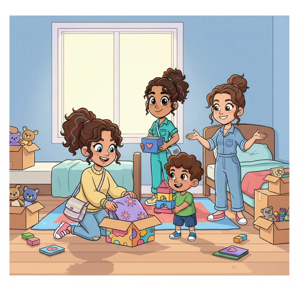 Moving day was a whirlwind of excitement! Maya and Leo unpacked their colorful belongings in their new, sunlit bedroom, which had big windows and plenty of space for play. Chloe and Lily helped carry boxes, their laughter echoing through the happy new home.
