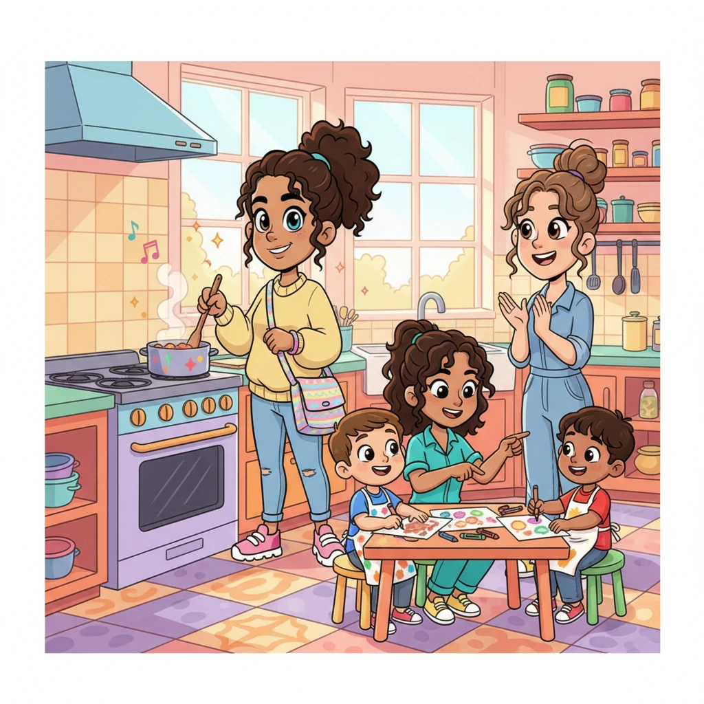 Life in their Stepping Home was a joyful dance. In the vibrant kitchen, Chloe stirred a delicious dinner while Lily helped her child with a creative art project. Maya and Leo added their own happy chatter, making every meal a celebration of friendship and family.