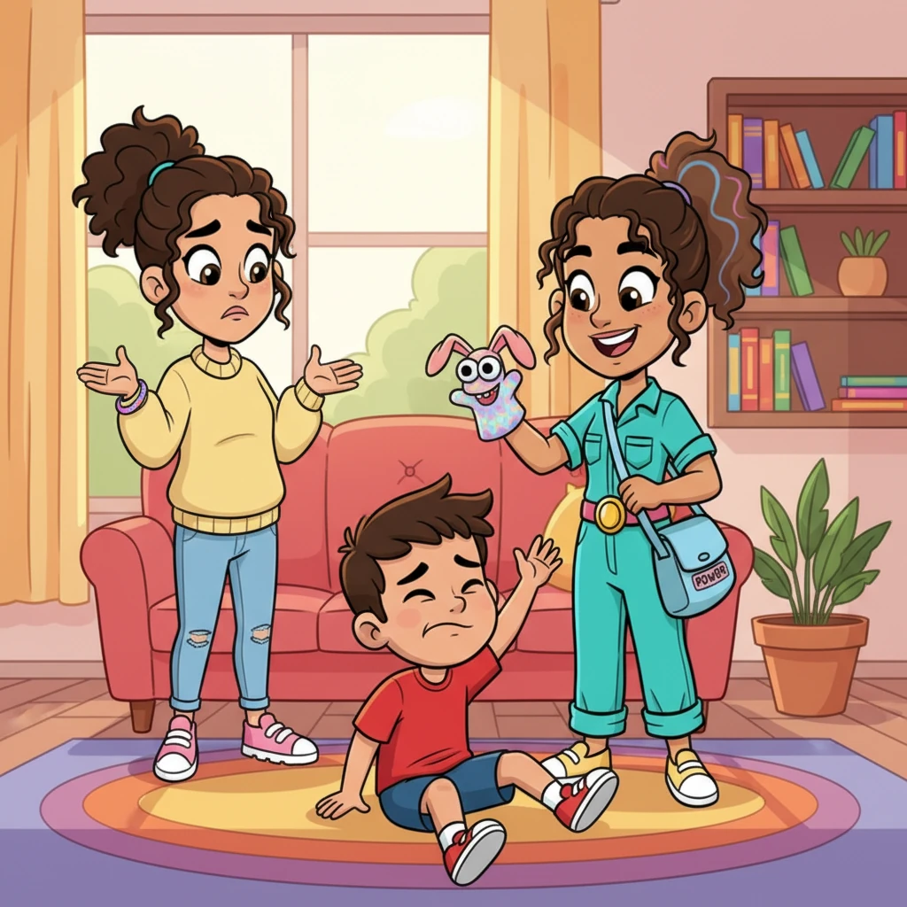 One afternoon, Leo had a grumpy moment, flopping dramatically onto the floor. Maya looked a little overwhelmed, but then Lily, with a playful grin, pulled out a funny puppet and made Leo giggle. Maya felt a wave of relief, grateful for her new friends' gentle support.