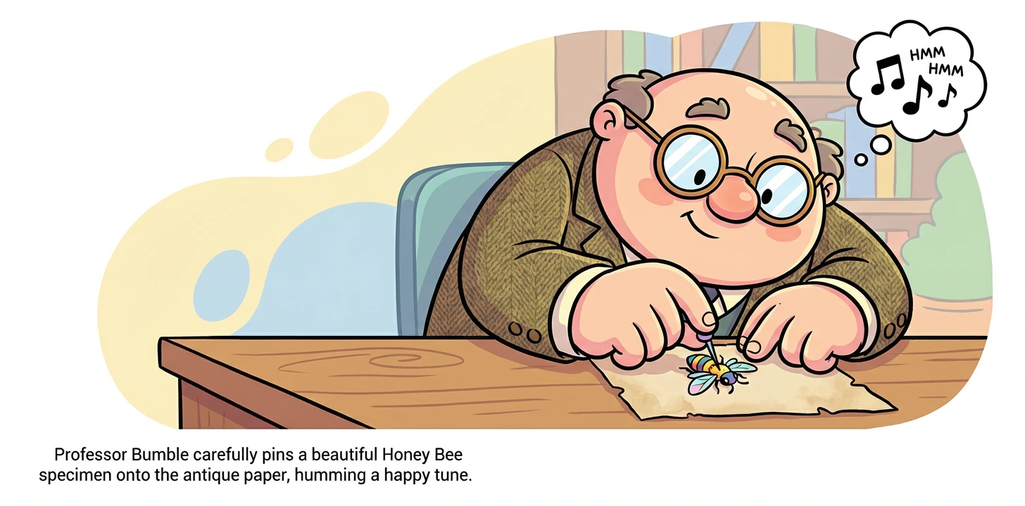Professor Bumble, with his spectacles perched on his nose, carefully pins a beautiful Honey Bee specimen onto a sheet of antique paper. He hums a litt