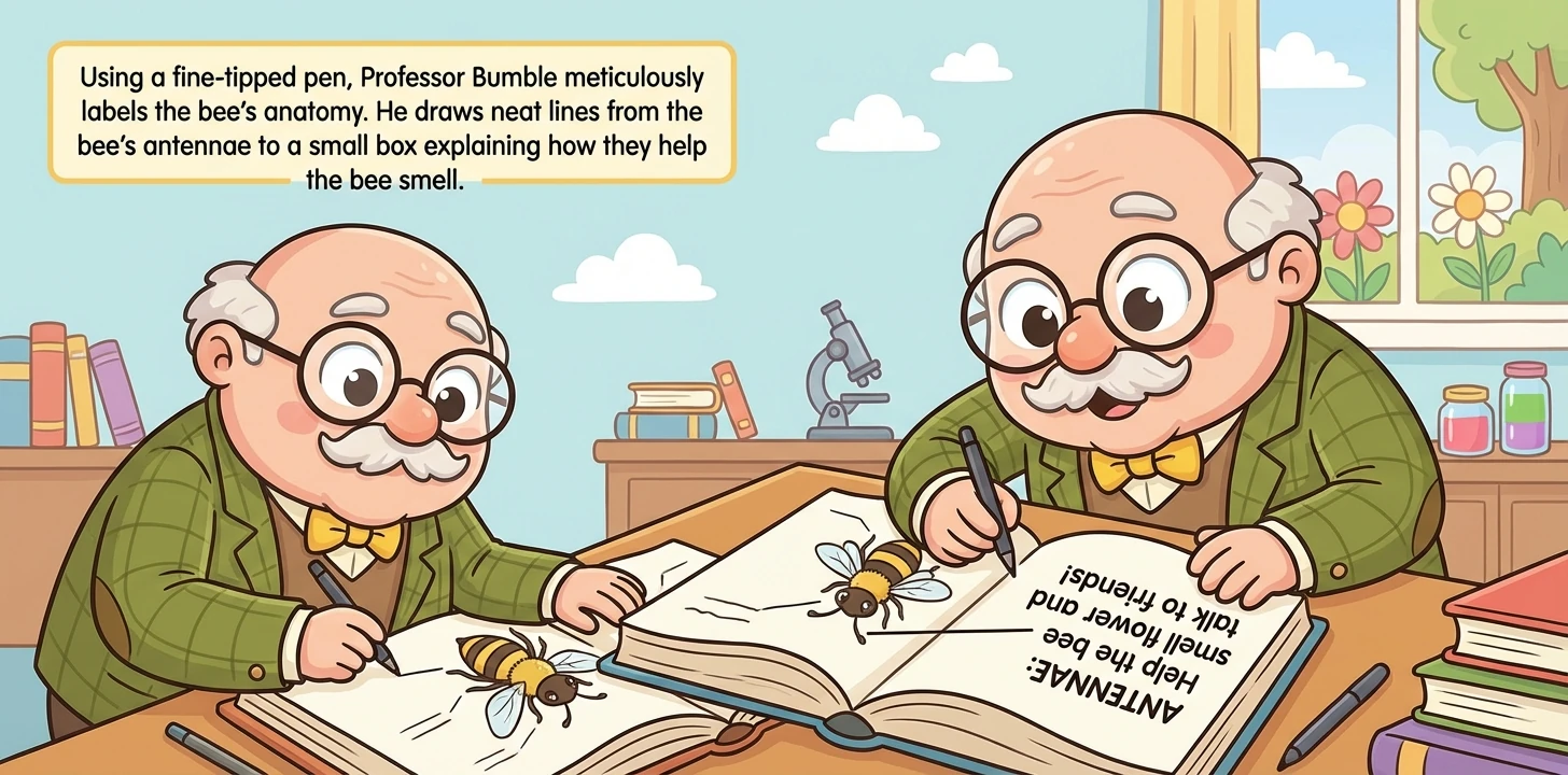 Using a fine-tipped pen, Professor Bumble meticulously labels the bee's anatomy. He draws neat lines from the bee's antennae to a small box explaining