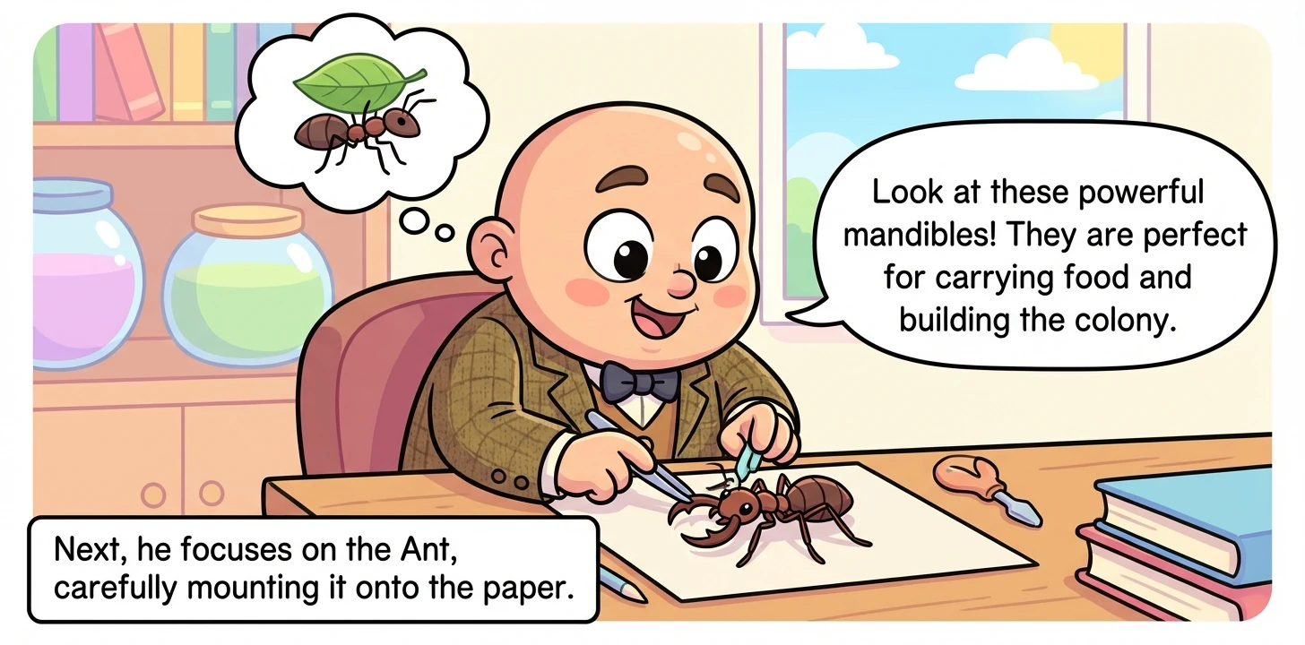 Next, he focuses on the Ant, carefully mounting it onto the paper. He notes its powerful mandibles and explains their use in carrying food and buildin