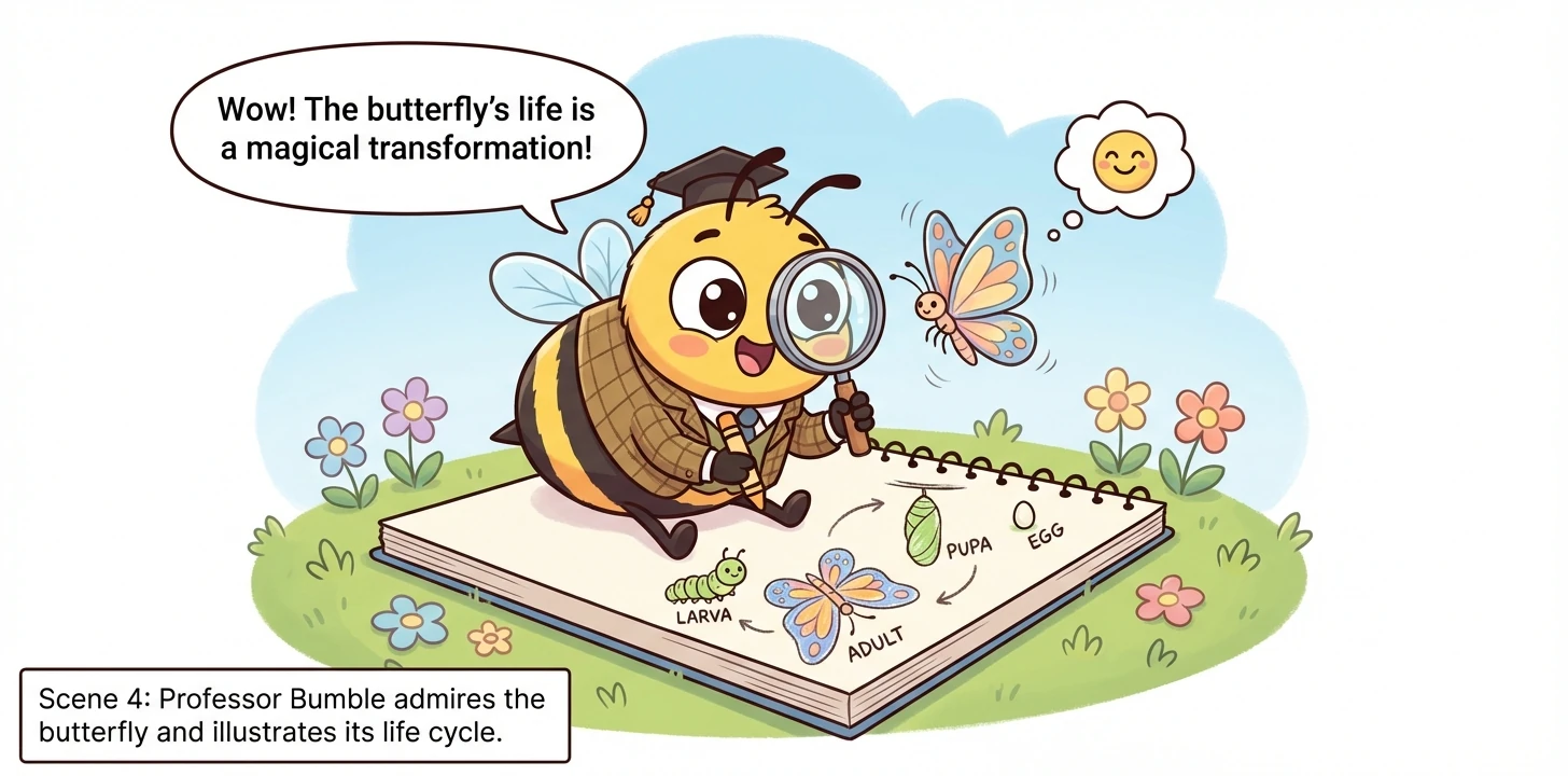Professor Bumble admires the delicate wings of a Butterfly. He illustrates its life cycle, from a tiny egg to a vibrant adult, on the corner of the pa