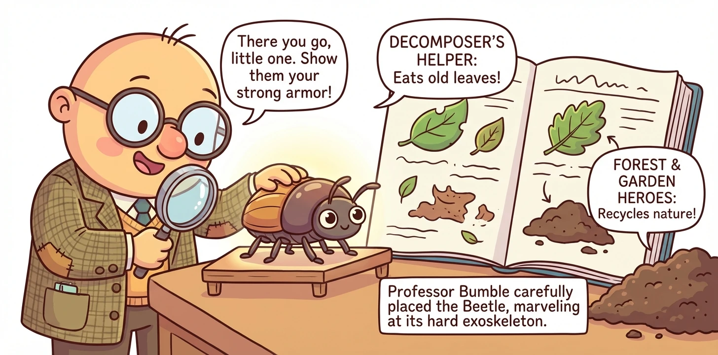 He carefully positions a Beetle, highlighting its hard exoskeleton. He writes about its diverse habitats and how it helps decompose organic matter.