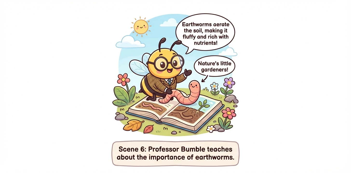 Professor Bumble gently places an Earthworm onto a fresh page. He explains its importance in aerating the soil and enriching it with nutrients.