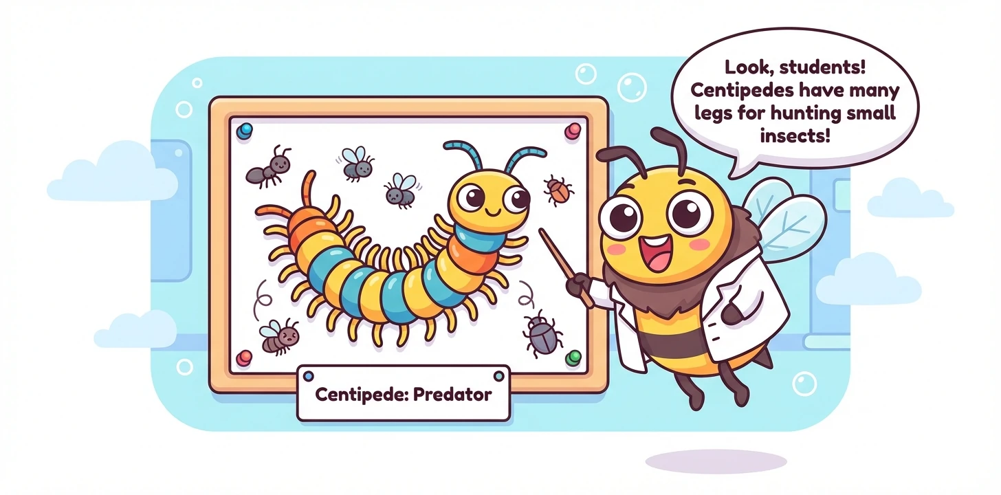 A Centipede with its many legs is carefully pinned, each leg meticulously drawn. He explains that centipedes are predators that hunt small insects.